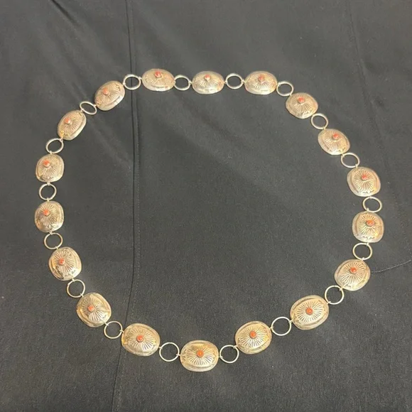 Vintage Sterling Silver Coral Stone Concho Belt . - Picture 5 of 13